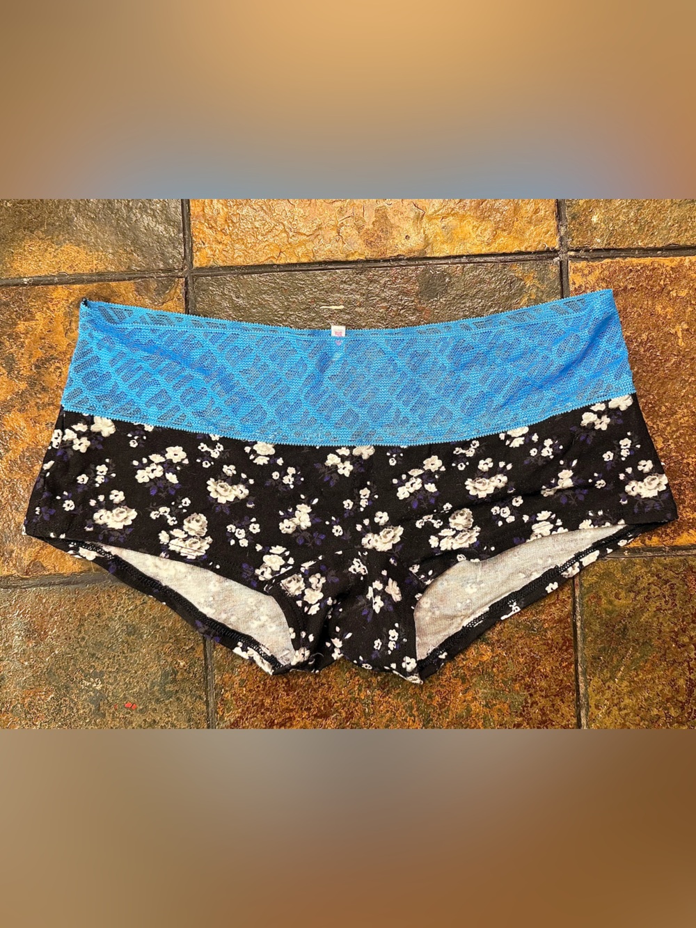 PINK Victoria's Secret Black Floral & Blue Lace Boyshorts